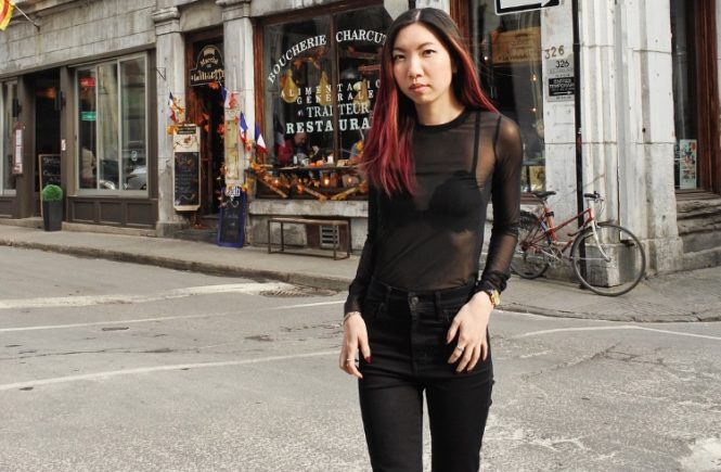 montreal style fashion black mesh red hair